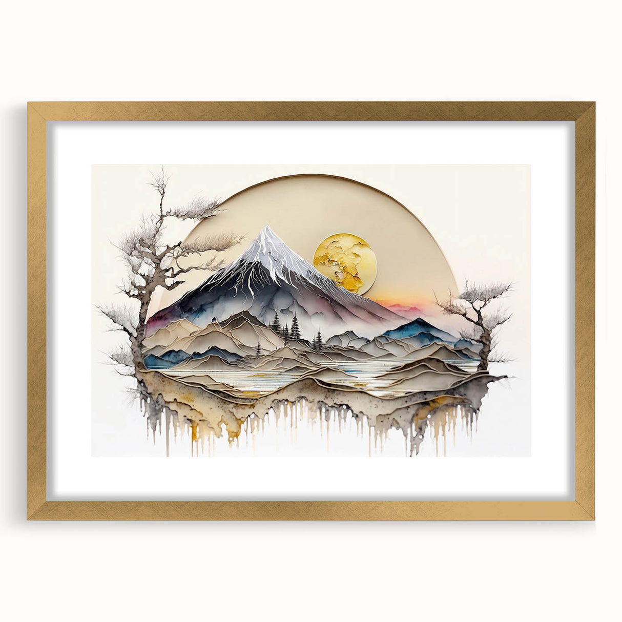 Abstract landscape wall art framed with a gold mat, showcasing vibrant colors and unique textures, perfect for modern home decor. Ideal for enhancing any living space.