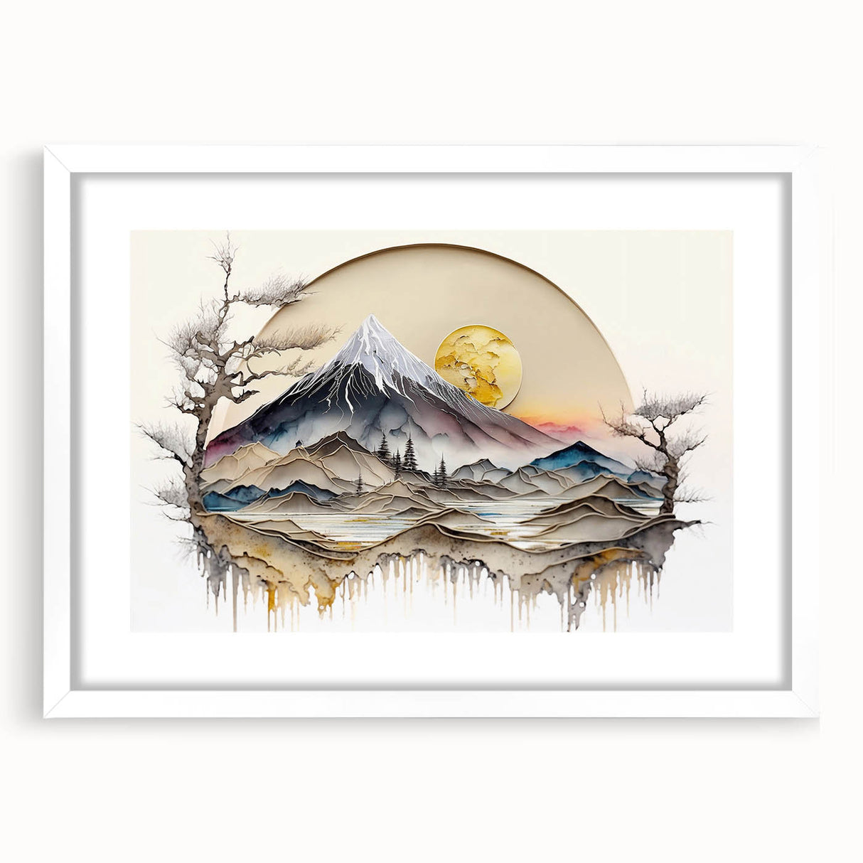 Abstract landscape wall art framed with a white mat, showcasing vibrant colors and geometric shapes, perfect for modern home decor. Ideal for adding a touch of creativity to any living space.