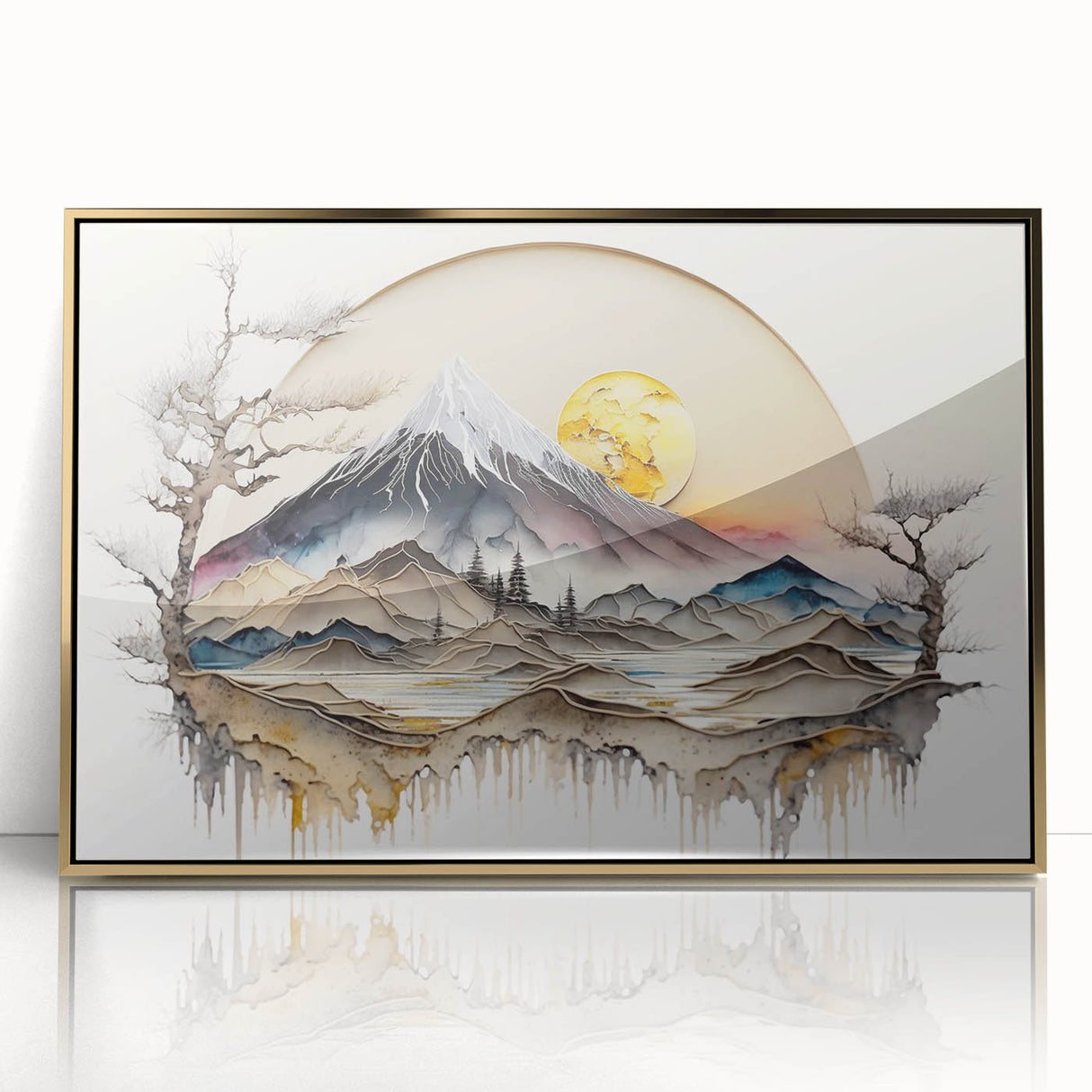 Framed abstract landscape wall art in gold acrylic, showcasing vibrant colors and fluid shapes, ideal for modern home decor. Perfect for adding elegance to any space.