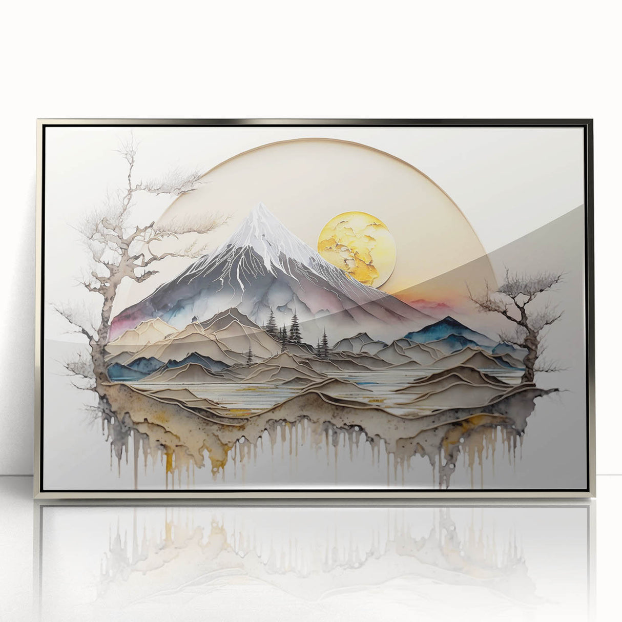 Framed abstract landscapes wall art showcasing dynamic silver acrylic layers, ideal for modern home decor or office spaces, enhancing aesthetics and ambiance.