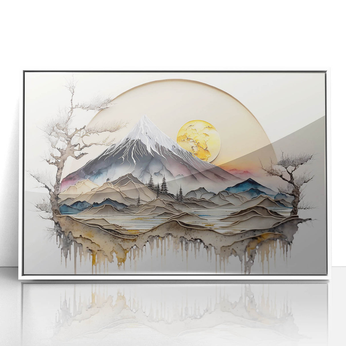 Framed abstract landscape wall art featuring vibrant colors and dynamic shapes, set in a sleek white frame, perfect for modern home decor.