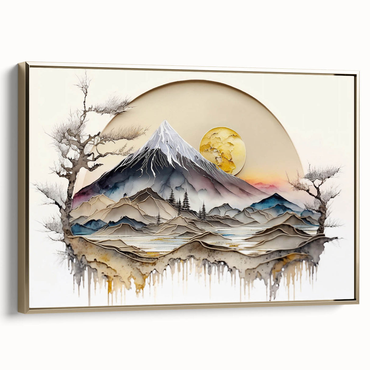 Framed abstract landscape wall art showcasing vibrant gold tones and intricate textures, enhancing modern decor with elegance and sophistication.