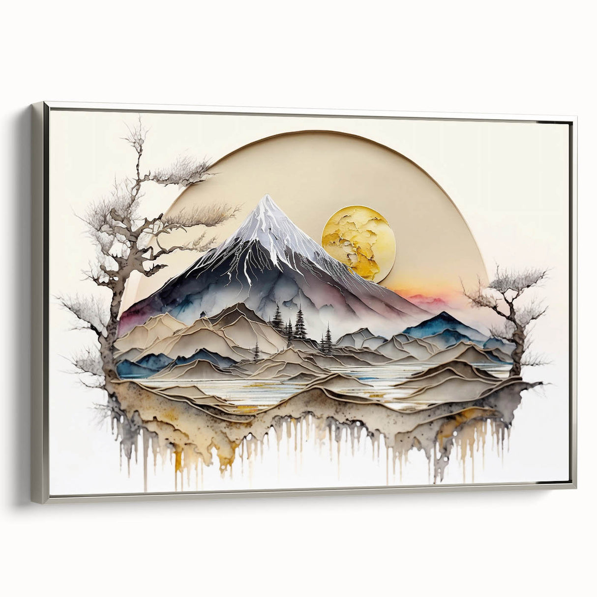 Framed abstract landscape wall art with silver accents, showcasing a modern design, ideal for enhancing contemporary living spaces. The canvas features soft, earthy tones and textured depth, perfect for adding a touch of sophistication to home decor.