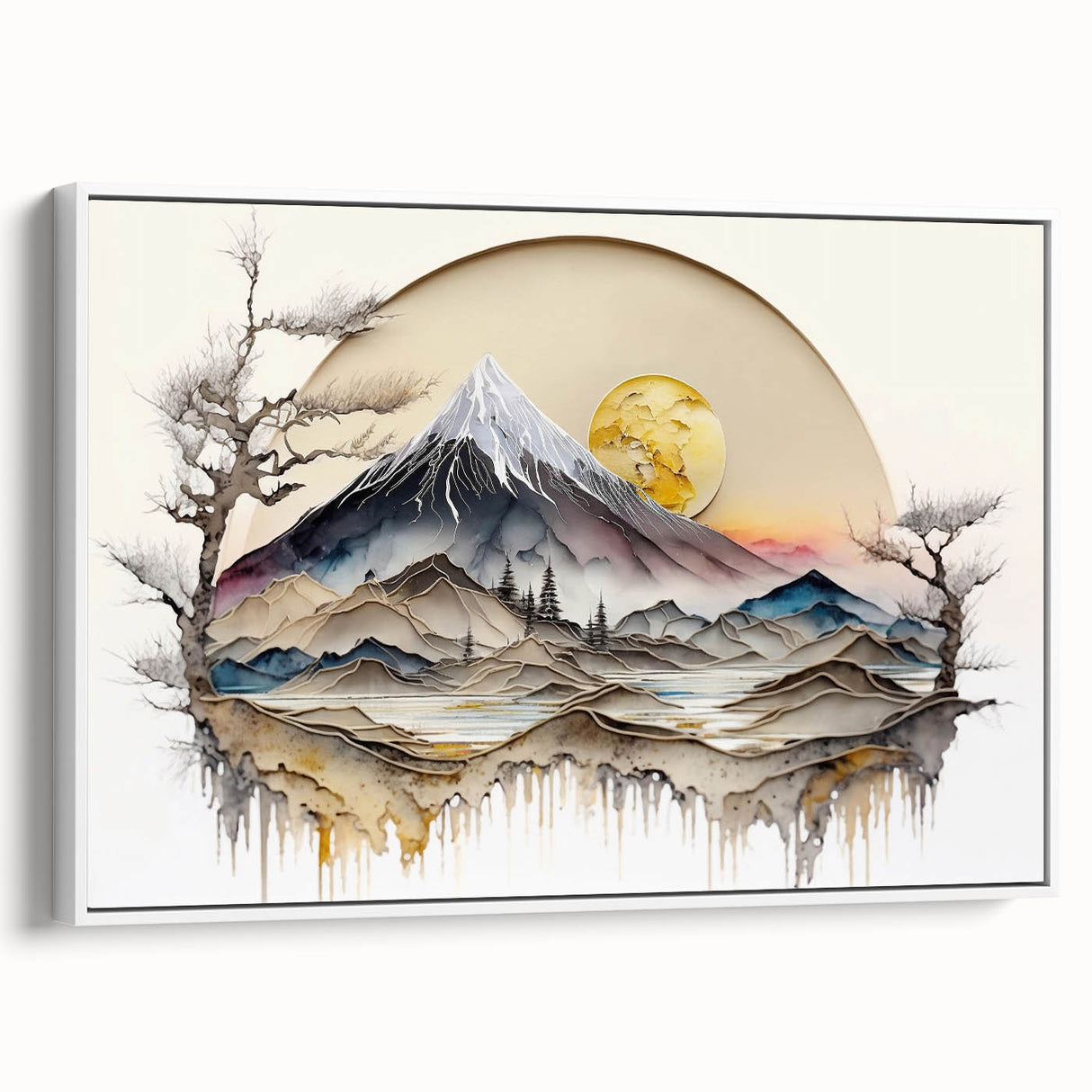 Framed abstract landscape wall art showcasing soft pastel hues of blue and beige, elegantly displayed with a white frame, enhancing modern decor aesthetics.