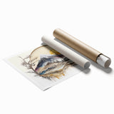 Abstract landscape wall art rolled print showcasing vibrant hues of blue, orange, and green, ideal for modern home decor, elegantly packaged in a protective tube.