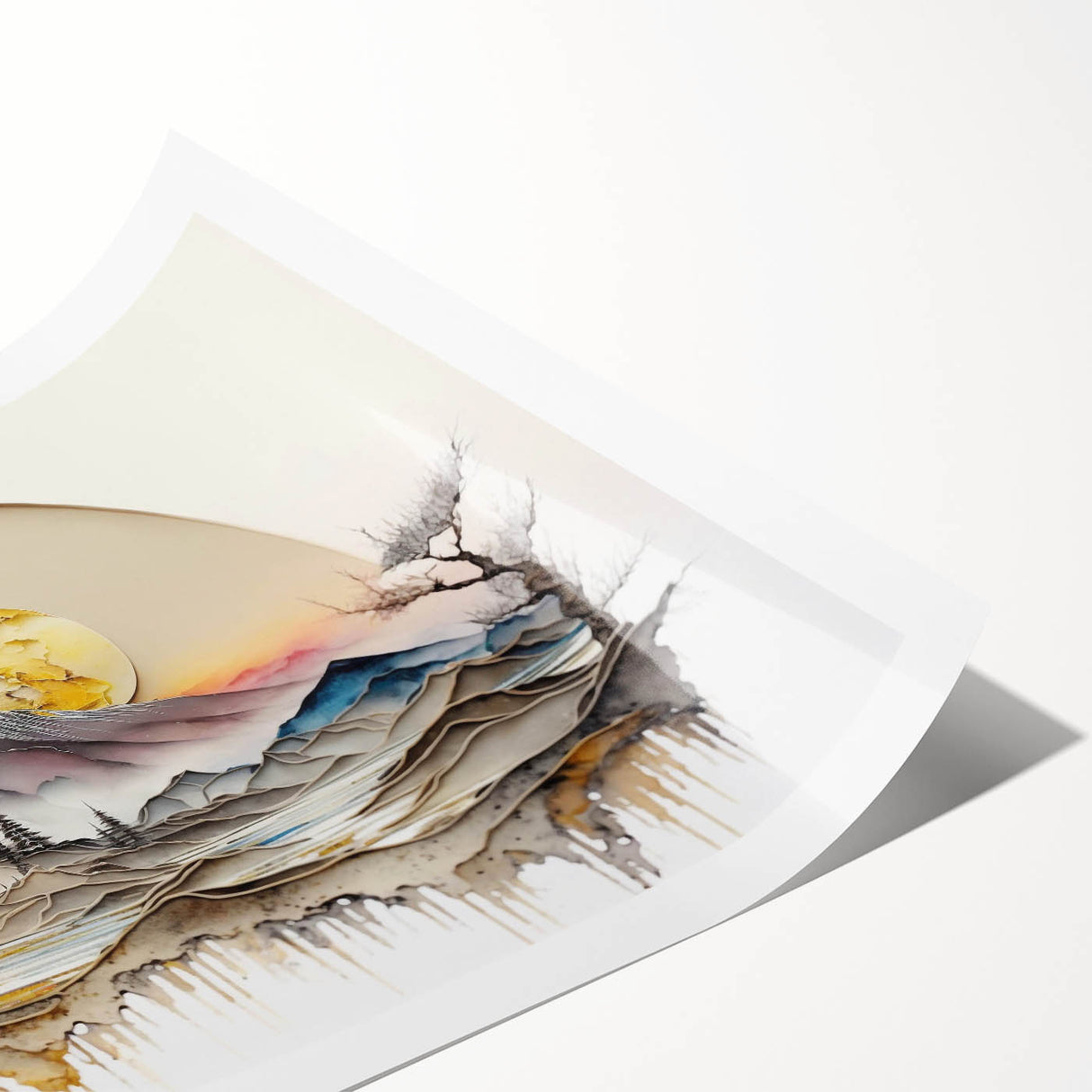Vibrant abstract landscape wall art print showcasing bold colors and fluid shapes, rolled and ready for framing, perfect for modern home decor.