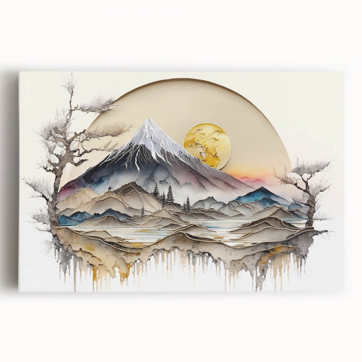 Abstract landscape wall art on stretched canvas, showcasing vibrant hues of blue, green, and orange, ideal for modern home decor. Perfect for adding a contemporary touch to living spaces.