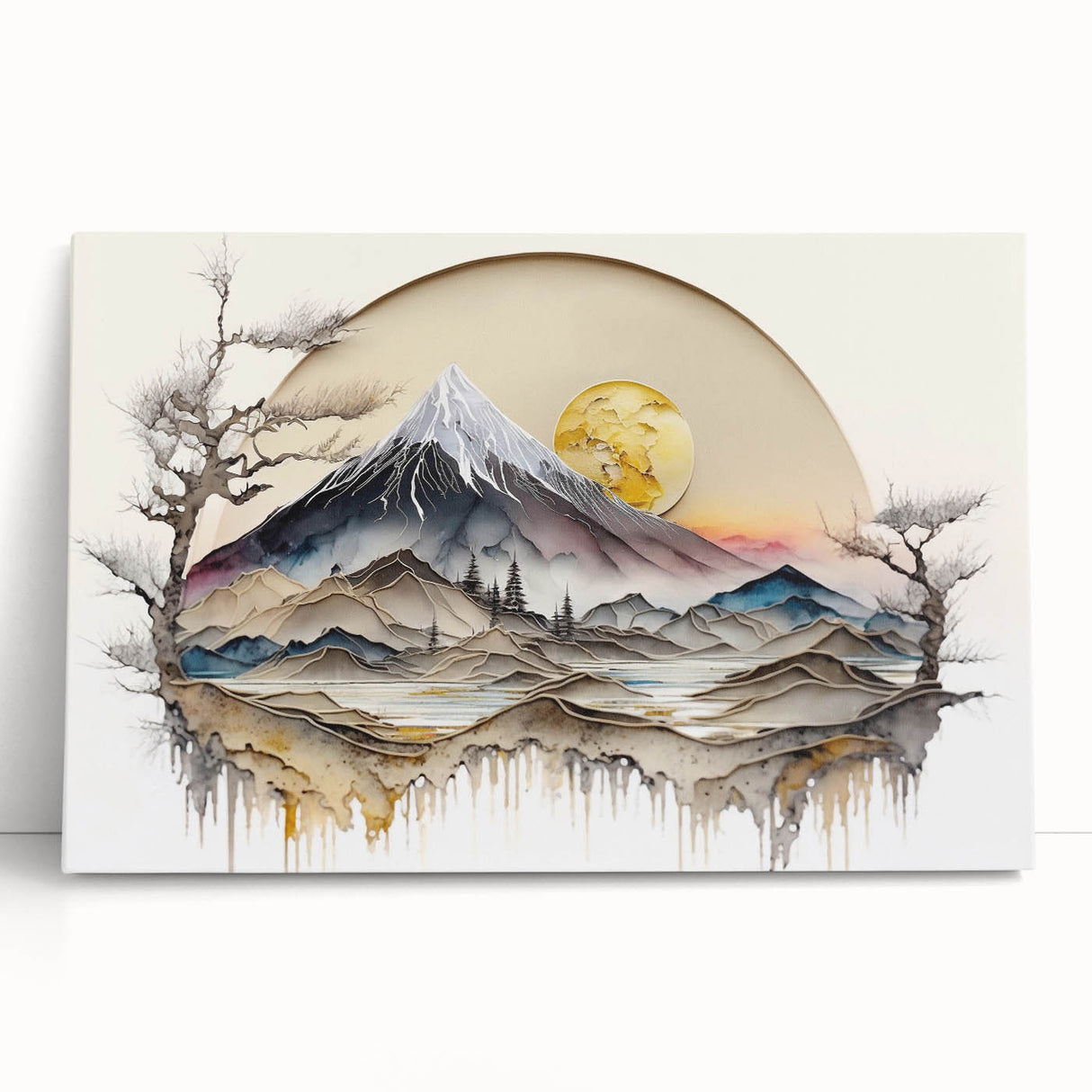 Abstract landscape wall art on stretched canvas, showcasing vibrant colors and intricate textures, leaning against a neutral wall, perfect for modern decor.