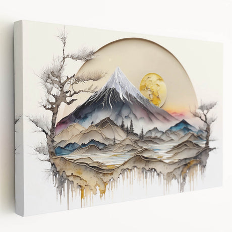 Stretched canvas wall art showcasing an abstract landscape design in vibrant colors, featuring textured details and a sleek side profile, perfect for modern decor.
