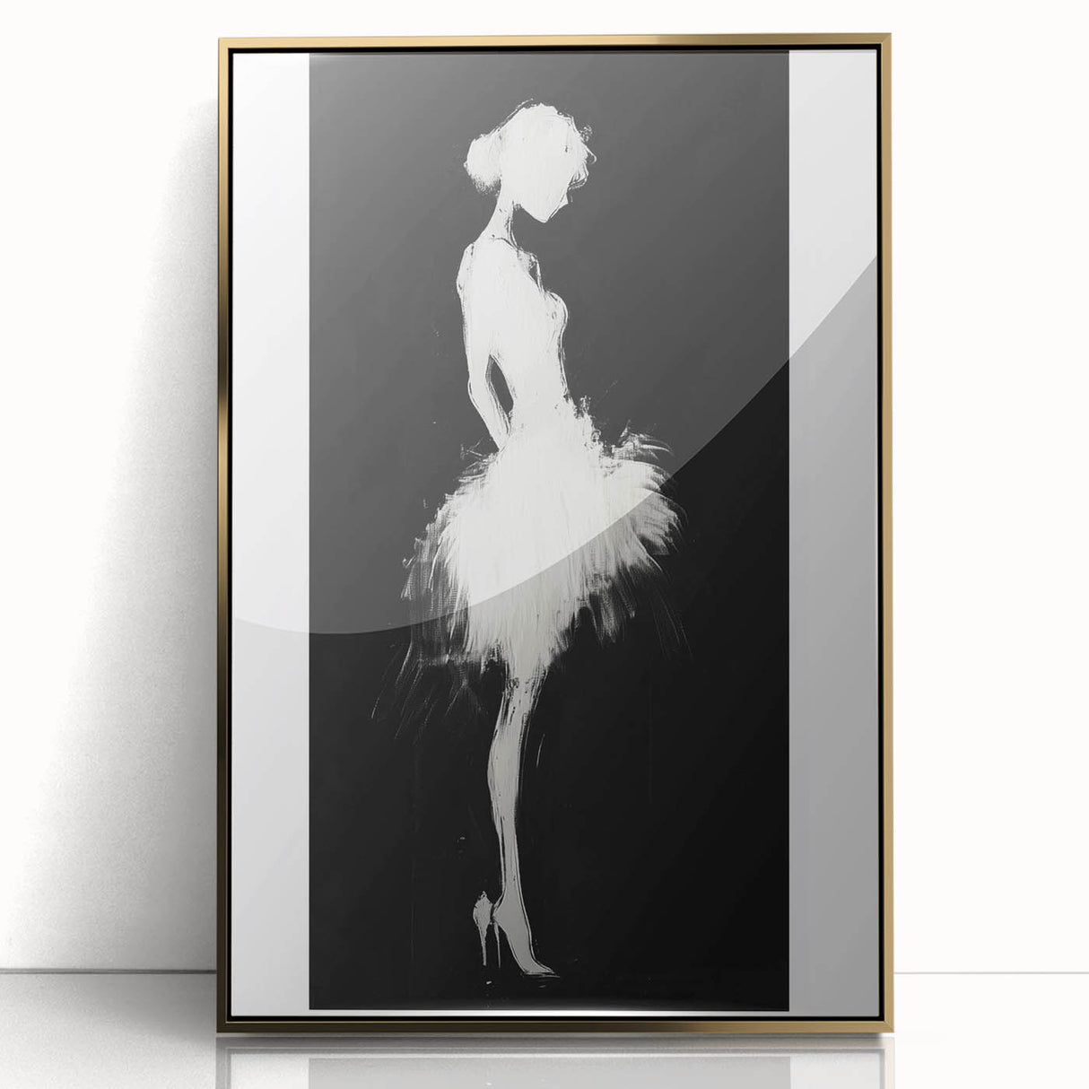 Framed abstract figurative artwork in gold tones, showcasing elegant lines and shapes, perfect for modern decor. Ideal for enhancing living spaces with sophistication.
