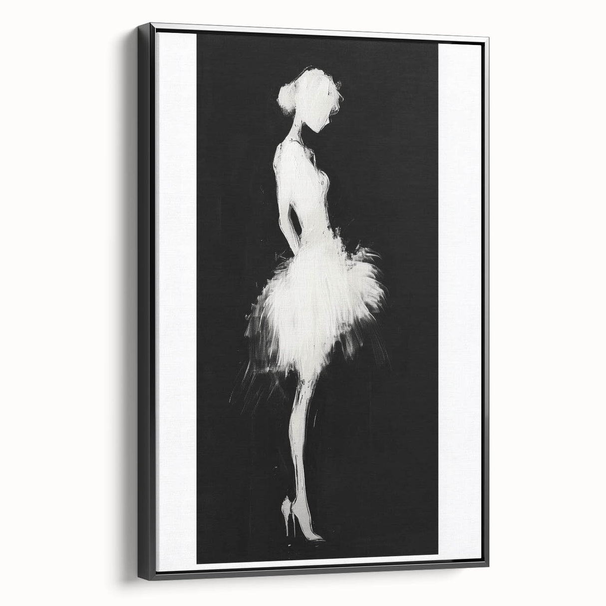 Framed abstract figurative canvas art in black, showcasing modern design elements with a sleek side view, perfect for contemporary home decor and styling.