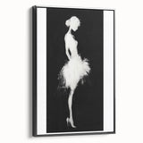Framed abstract figurative canvas art in black, showcasing modern design elements with a sleek side view, perfect for contemporary home decor and styling.