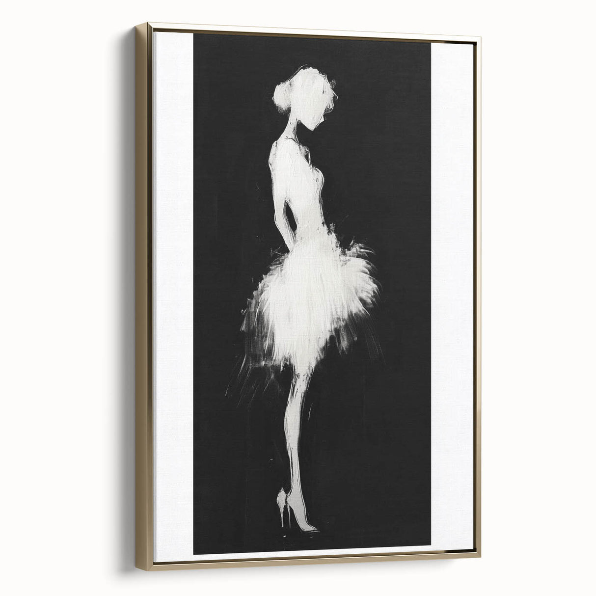 Framed abstract figurative canvas art showcasing a gold-hued design, displayed from a side view to highlight its elegant frame and texture, perfect for modern decor.