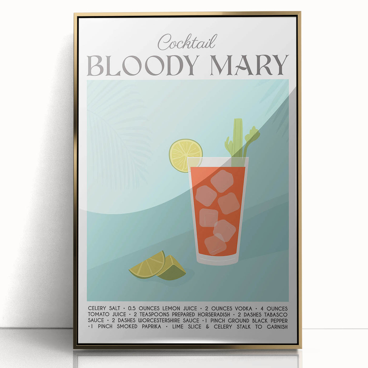 Art deco poster featuring stylized food and drinks in gold and black tones, framed in acrylic.