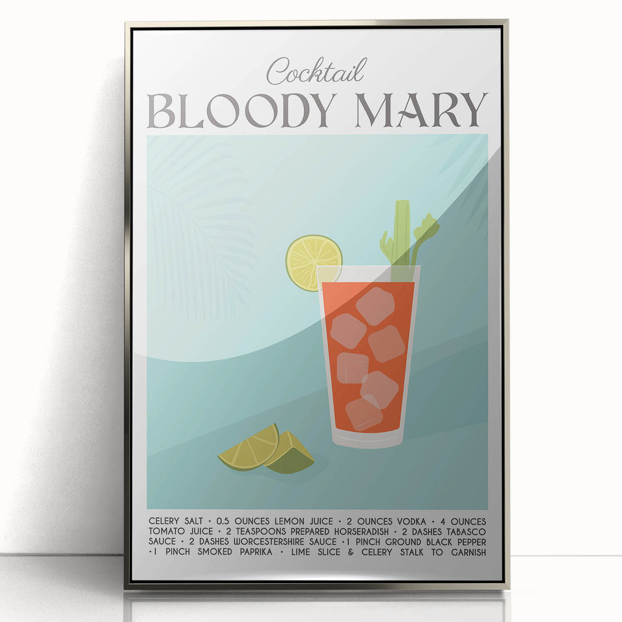 Large art print of a mid-century modernist food and drink theme in silver frame, suitable for modern kitchen decor.
