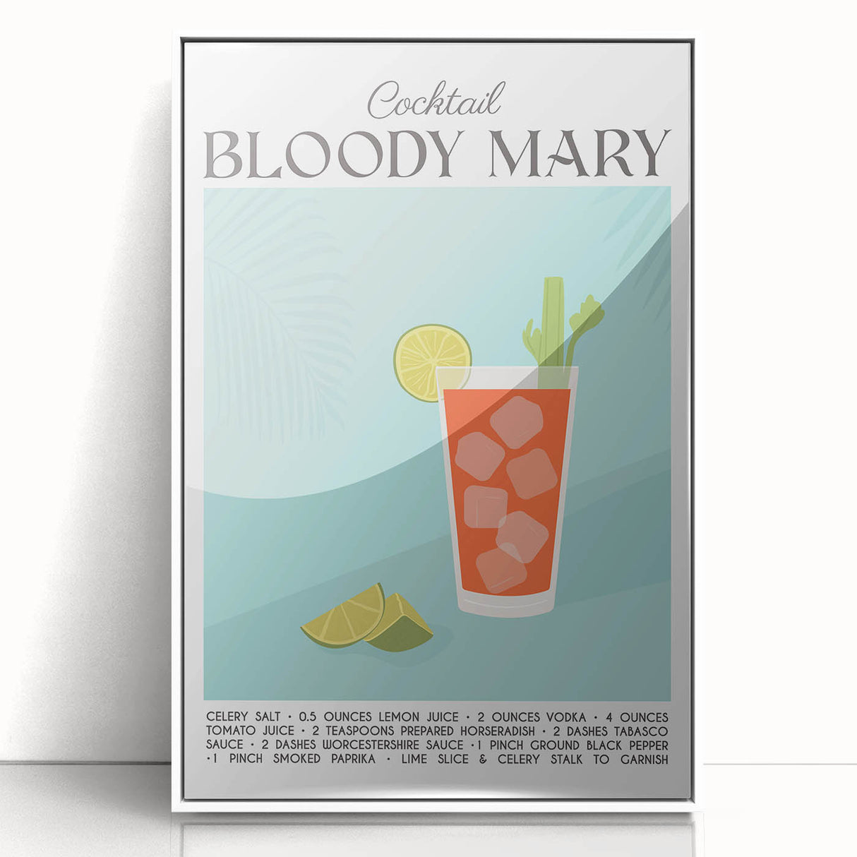 Mid-century modernist art depicting food and drinks on a white acrylic framed poster, suited for nursery wall art.