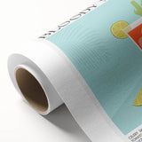 Art deco poster depicting various fruits in vibrant colors on a rolled canvas.