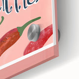 Close-up of large abstract fruit-themed art print on acrylic glass, featuring vibrant colors, ideal for dining room decor.