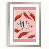 Textured abstract art print of assorted fruits in muted earth tones, framed in silver, ideal for bedroom wall decor.