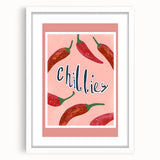 Abstract art print of assorted fruits in vibrant colors on a white framed mat, ideal for dining room decor.