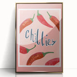 Large art print of assorted fruits in vibrant colors, framed in gold acrylic, in a mid-century modernist style.