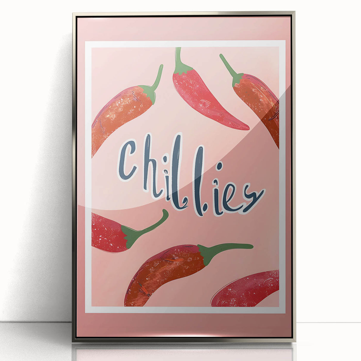 Mid-century modernist art deco poster featuring an array of fruits in vibrant colors on a silver-framed acrylic print.