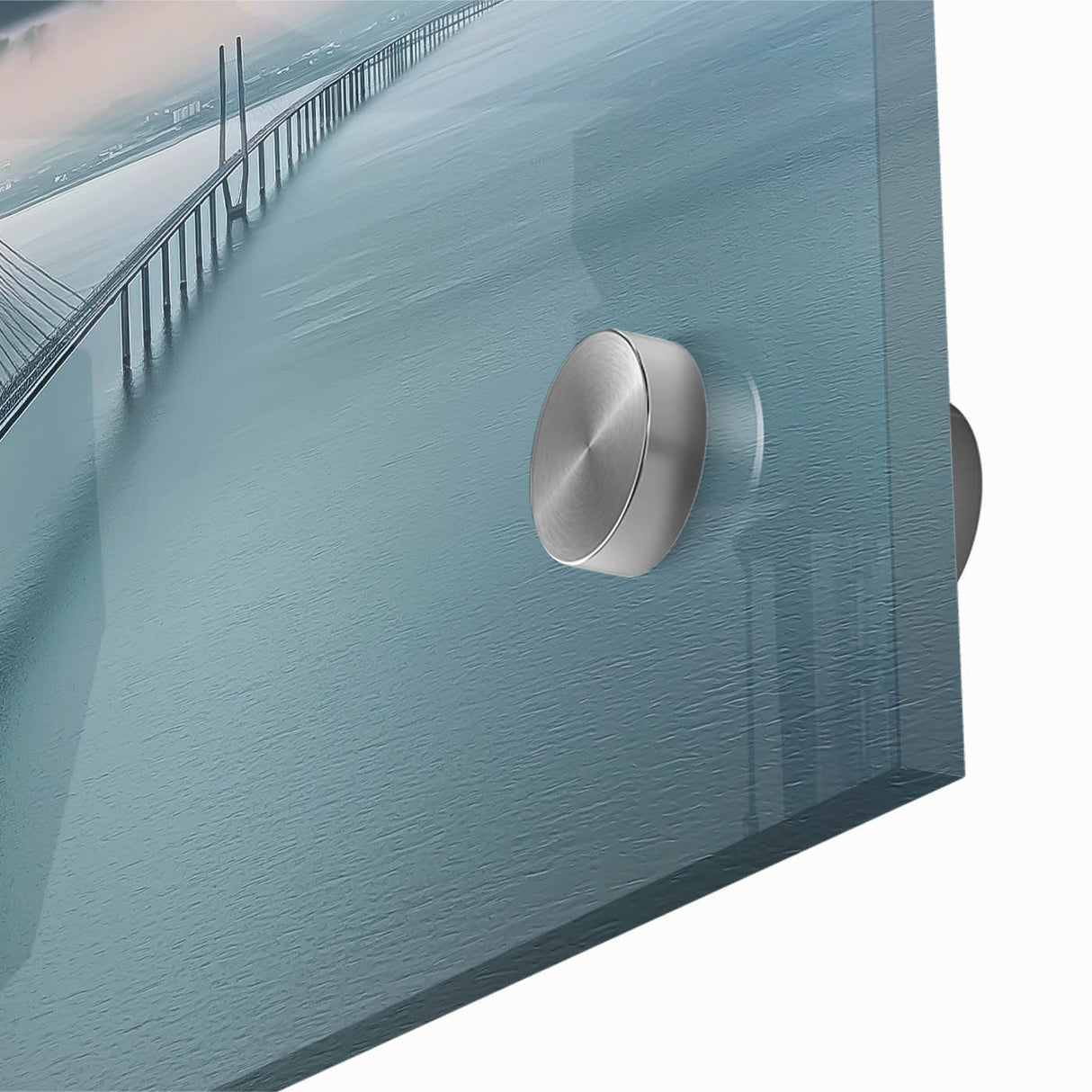 Close-up of a modern acrylic landscape bridge design with vibrant colors and intricate details, showcasing the unique texture and clarity of the glass surface.