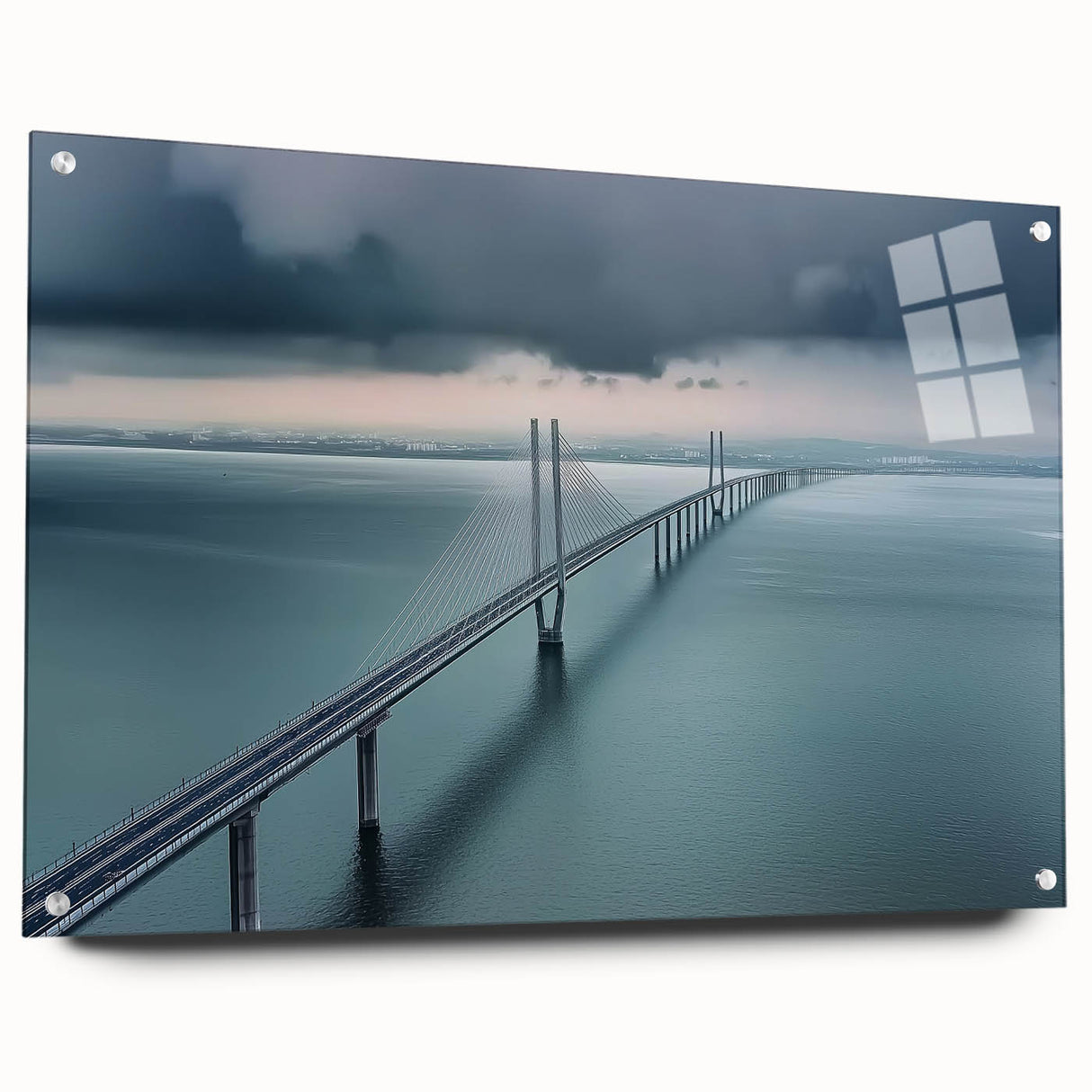 Acrylic glass side view of a modern landscape bridge design, showcasing intricate details and structural pins, ideal for contemporary decor enthusiasts.