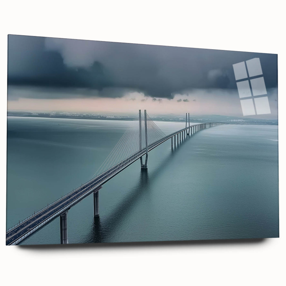 Acrylic glass landscape artwork showcasing a modern bridge design, viewed from the side, highlighting its sleek lines and vibrant colors, ideal for contemporary decor.