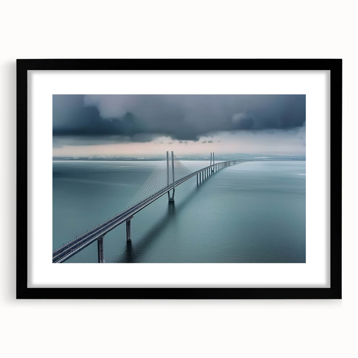 Black landscape bridge frame with a mat, showcasing a modern design suitable for home decor, ideal for displaying artwork or photographs, front view.