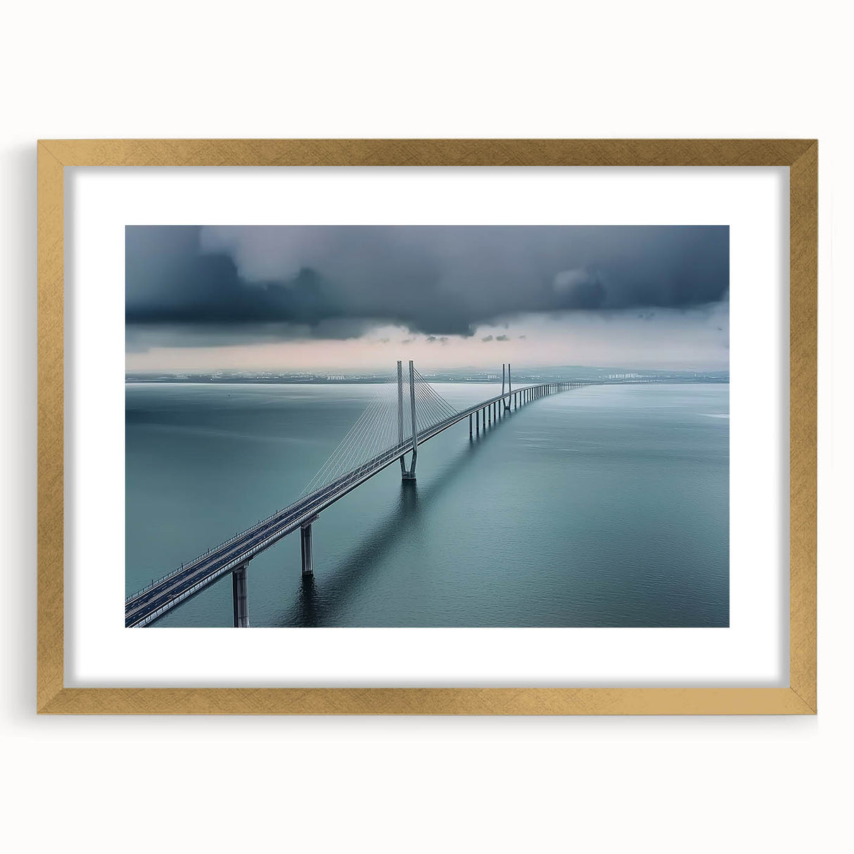 Elegant gold landscape bridge frame showcasing a mat, ideal for displaying art or photographs, set against a neutral background for a sophisticated look.
