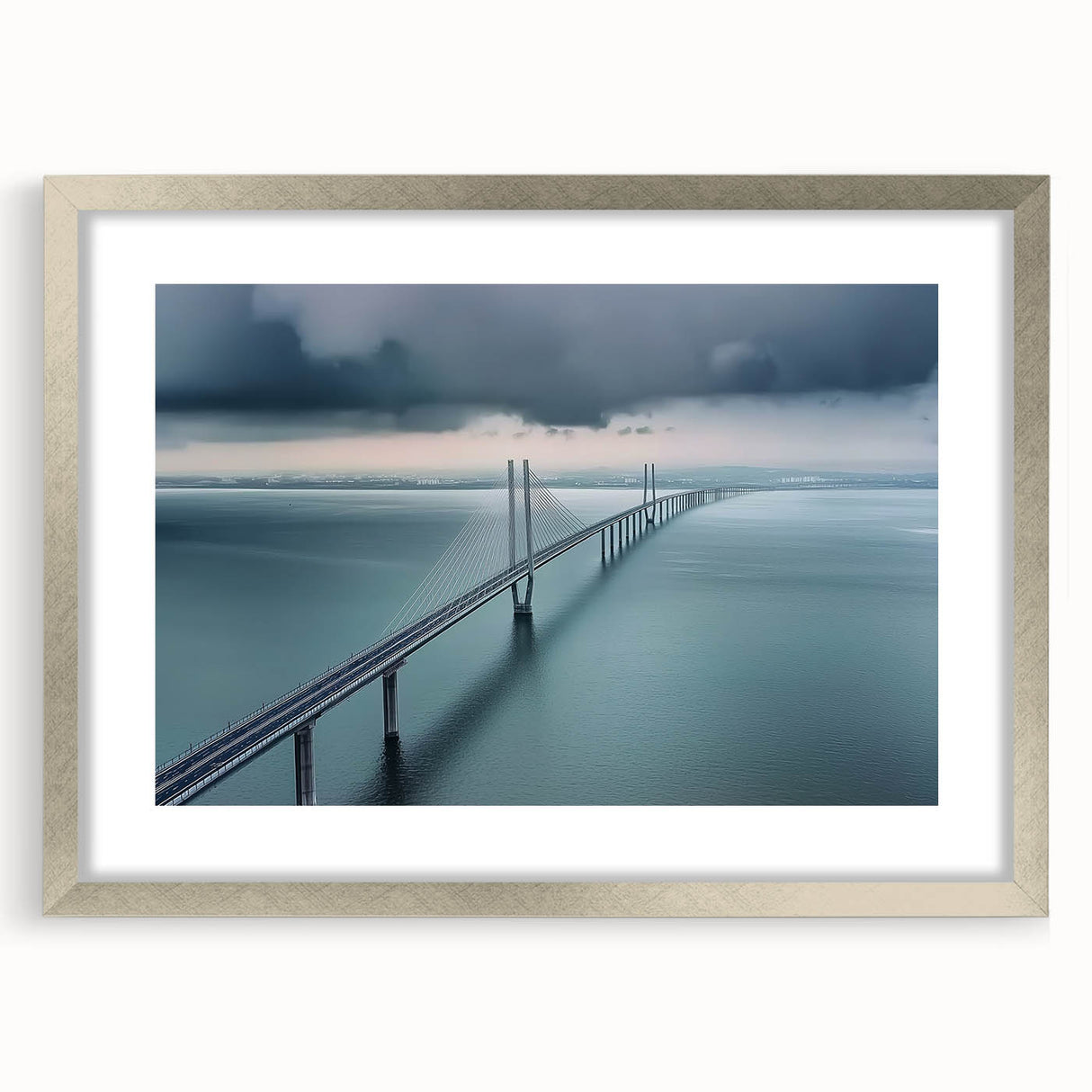 Landscape bridge frame with mat in silver finish, showcasing a modern design suitable for art displays, enhancing contemporary home decor aesthetics.