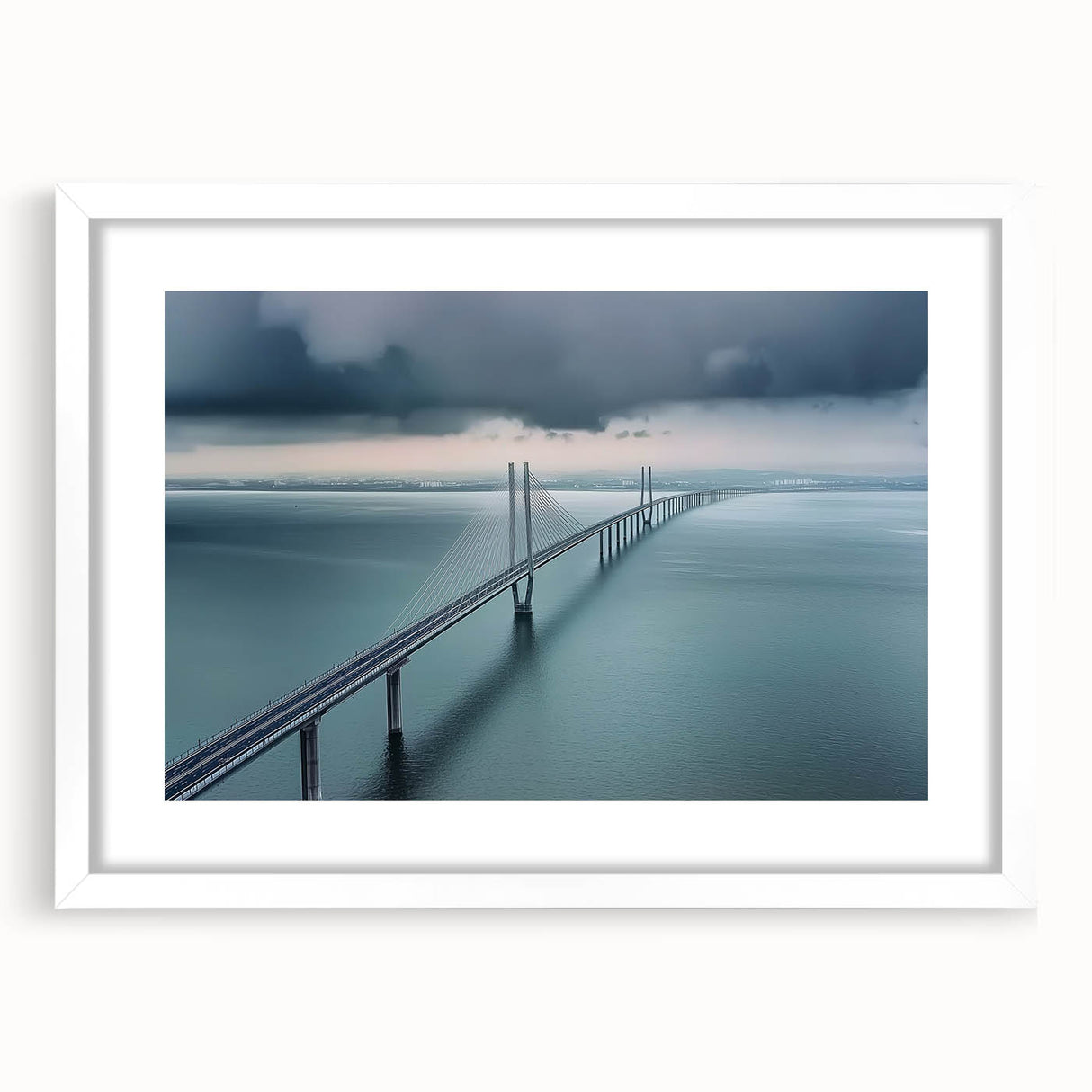 Landscape bridge frame with a white mat showcasing a serene nature scene, ideal for home decor. Perfect for enhancing living spaces with elegance.