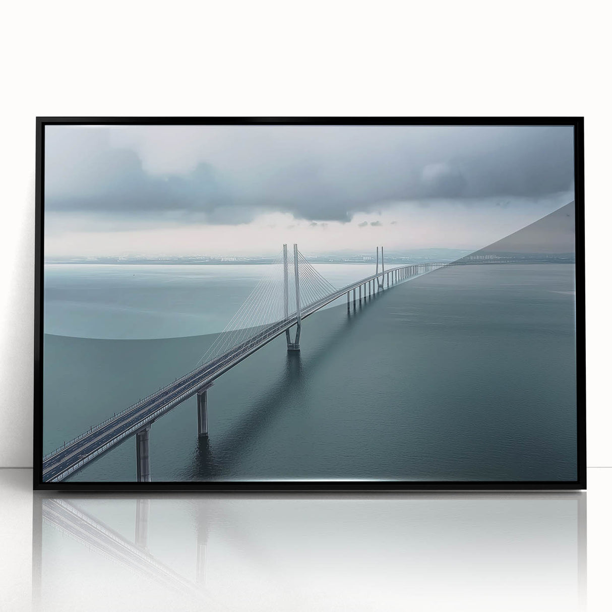 Framed acrylic artwork of a modern landscape bridge in black, showcasing intricate details and a sleek design, perfect for contemporary home decor.