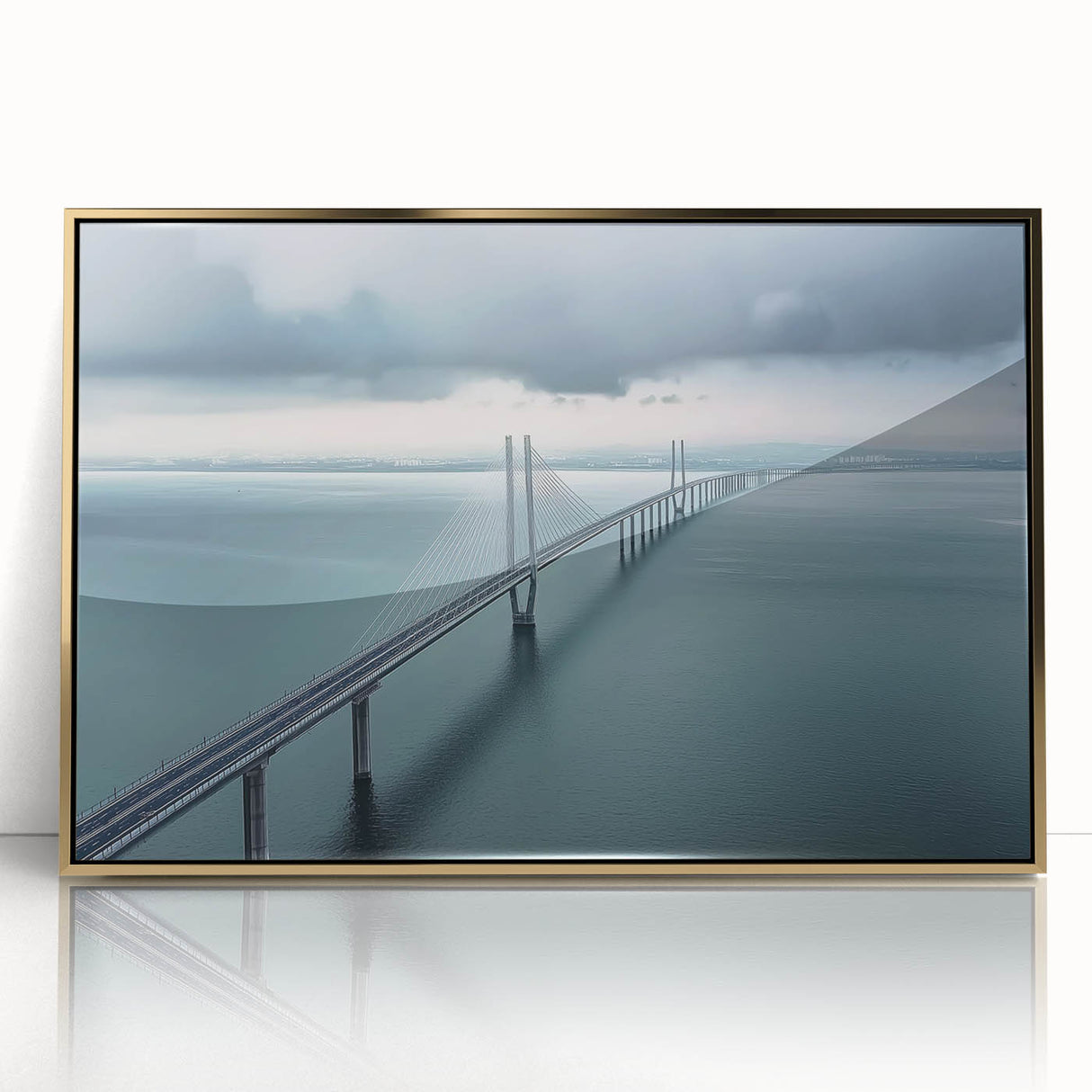 Framed acrylic artwork showcasing a stunning landscape bridge design in gold tones, perfect for modern home decor, adding elegance and depth to any space.
