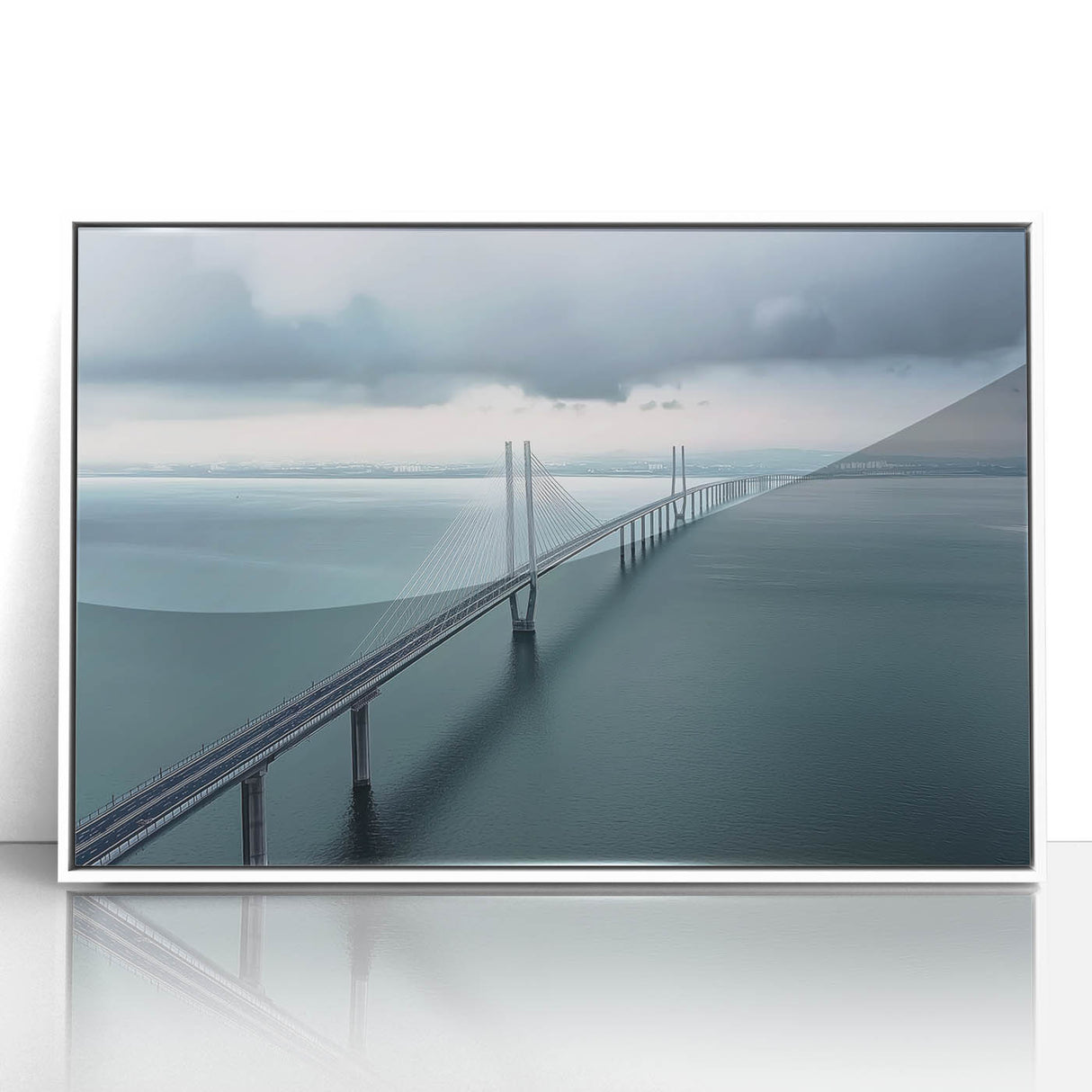 Framed acrylic artwork of a serene landscape featuring a bridge surrounded by lush greenery, displayed in a white frame, ideal for home or office decor.