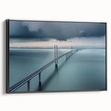 Framed canvas artwork showcasing a landscape view of a bridge, featuring a black frame and vivid colors, perfect for home decor and enhancing interior aesthetics.