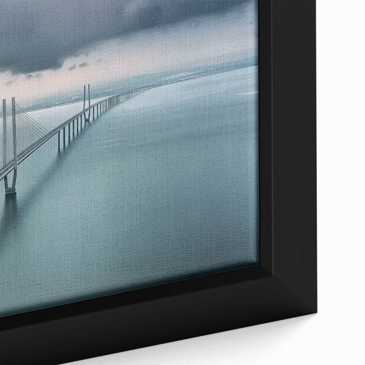 Close-up of a framed canvas print showcasing a serene landscape bridge scene with vibrant colors and intricate details, ideal for home decor enhancement.