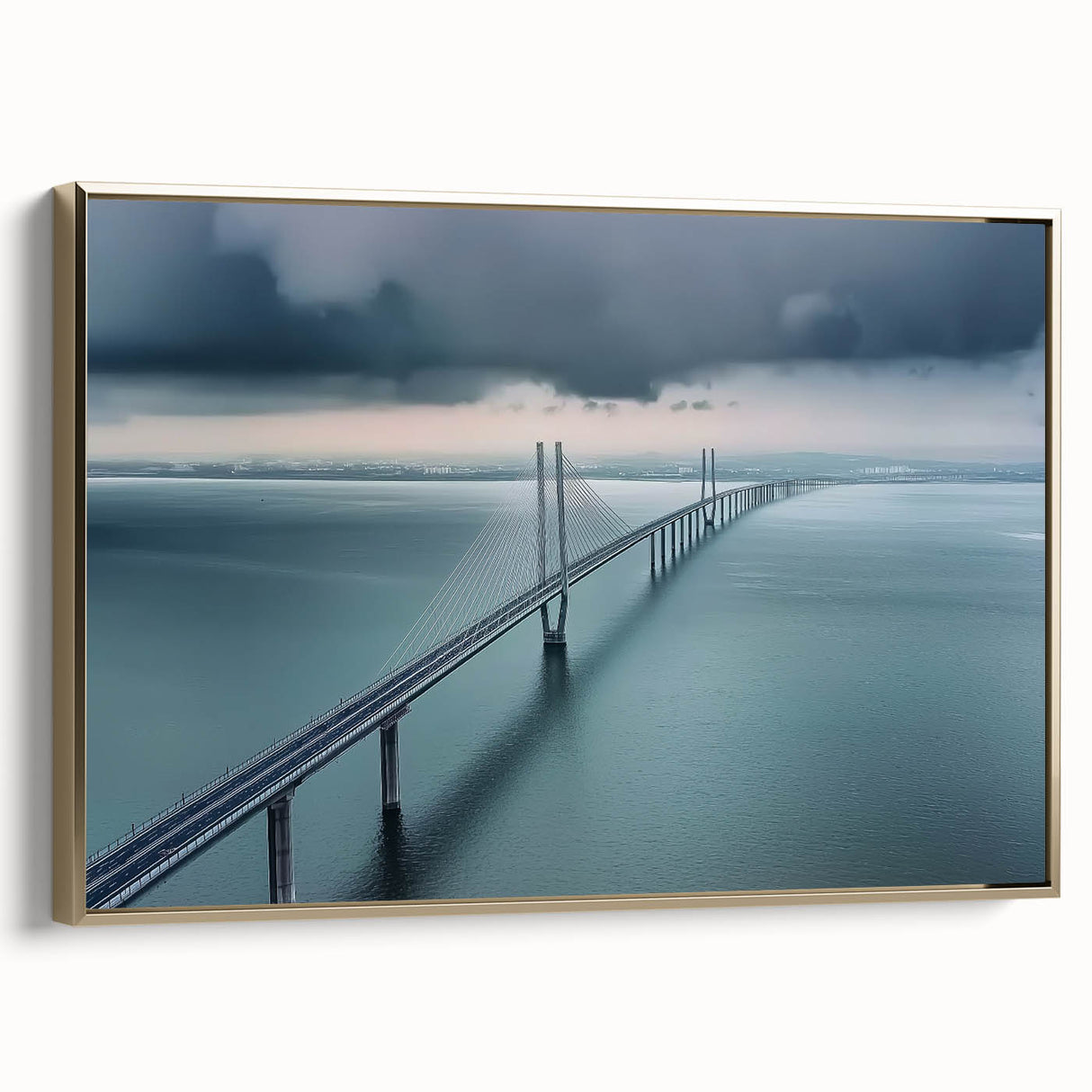 Framed canvas artwork showcasing a stunning landscape bridge scene, highlighted by a rich gold frame and vibrant colors, perfect for home decor enhancement.