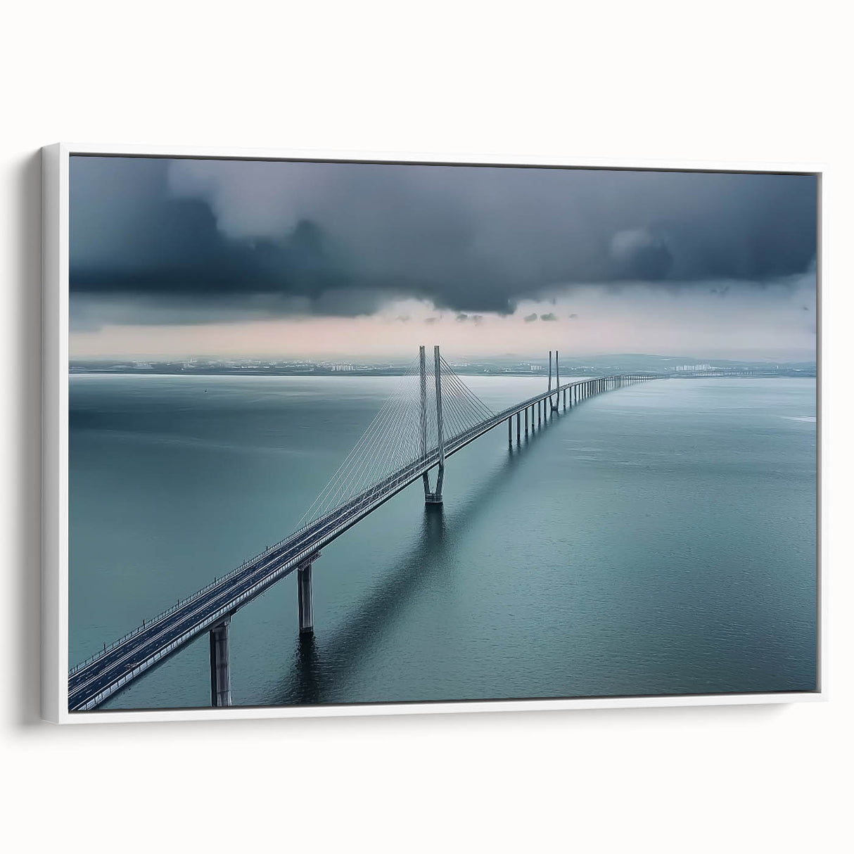 Framed canvas art depicting a serene landscape bridge scene in soft hues of blue and green, showcasing nature's tranquility with a white frame accentuating the artwork.