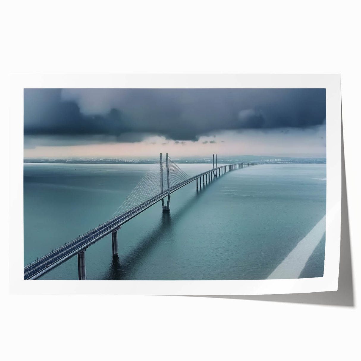 Rolled canvas print showcasing a vibrant landscape design of a bridge over water, featuring lush greenery and a serene atmosphere, packaged securely in a sturdy cardboard tube for safe shipping.