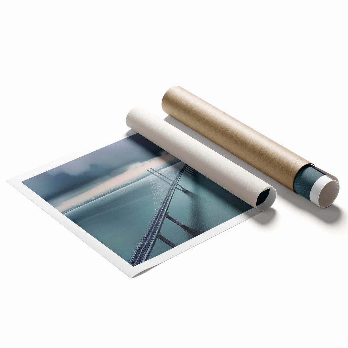 Rolled canvas art print depicting a vibrant landscape featuring a bridge over a serene river, designed for home decor enthusiasts seeking nature-inspired artwork. The print is securely packaged in a protective cardboard tube, ideal for gifting or personal use.