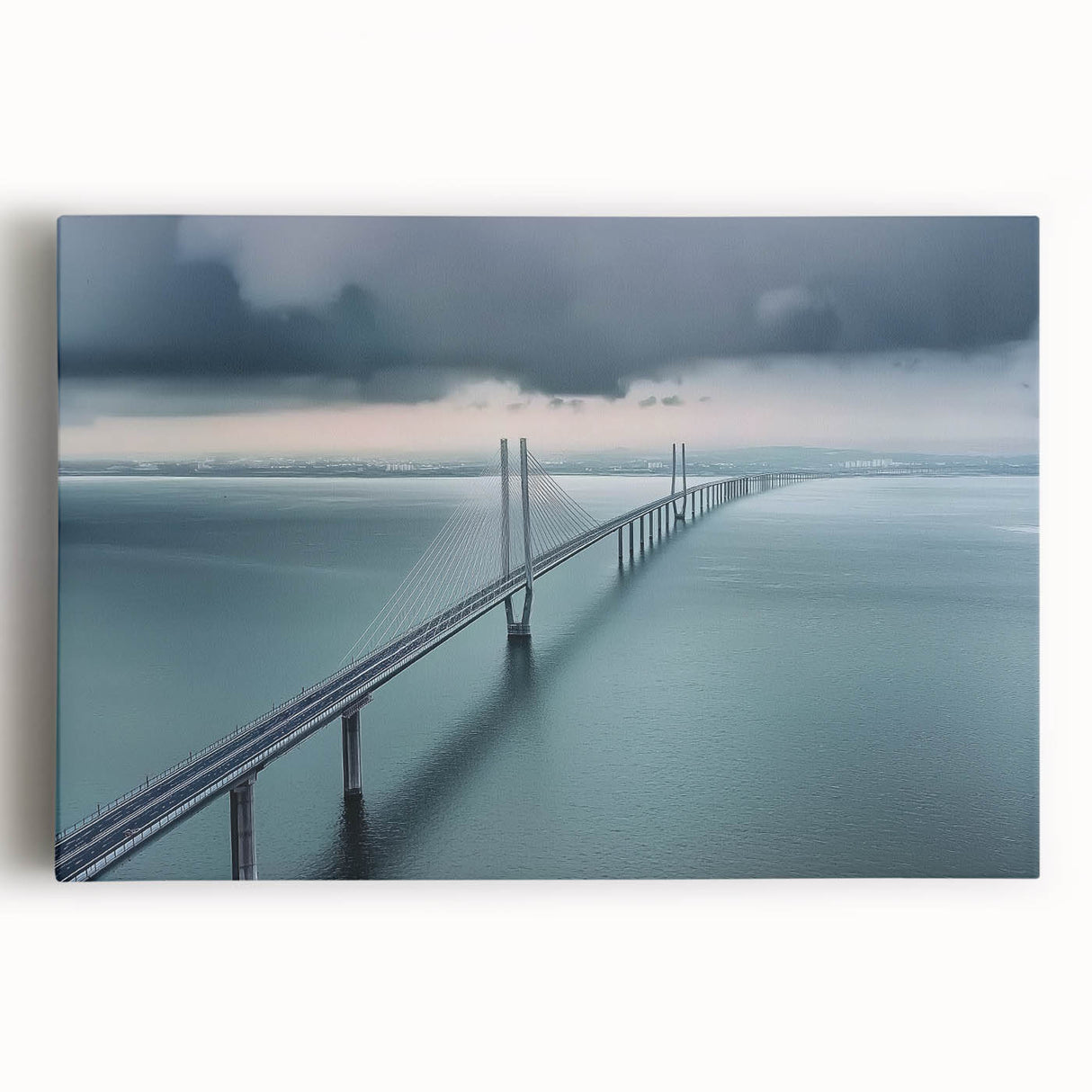 Stretched canvas artwork depicting a vibrant landscape bridge scene, showcasing rich colors and intricate details, perfect for home decor or art enthusiasts.