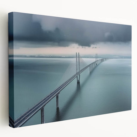 Stretched canvas artwork depicting a serene landscape with a bridge, showcasing vibrant colors and intricate details, perfect for home decor or office space enhancement.