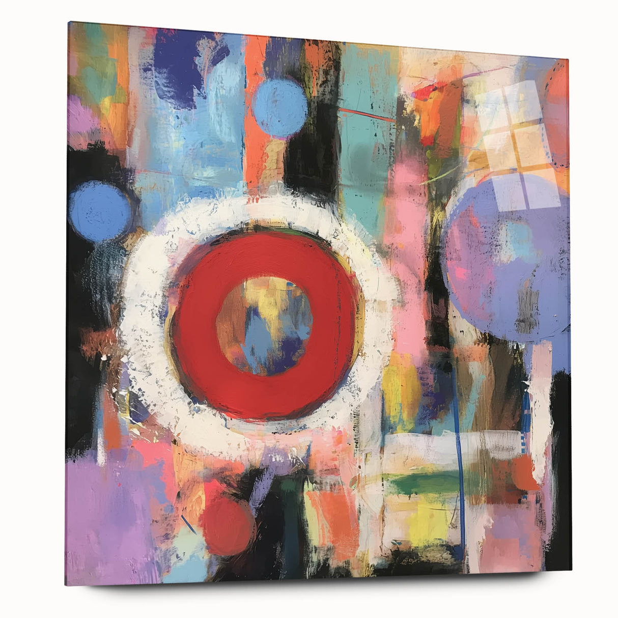 Abstract geometric acrylic glass design in vibrant colors, showcasing a side view without pins. Perfect for modern decor, this unique artwork adds a contemporary touch to any space.