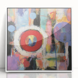 Abstract geometric framed acrylic artwork in white, showcasing vibrant shapes and colors, ideal for modern home decor or office settings. The piece adds a contemporary touch to any wall, enhancing aesthetic appeal.