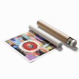 Abstract geometric rolled print showcasing vibrant blue, orange, and yellow shapes, elegantly packaged in a protective cardboard tube, ideal for modern home decor.
