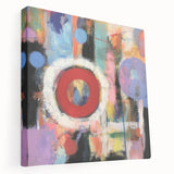 Abstract geometric stretched canvas artwork showcasing vibrant colors and dynamic shapes, ideal for modern decor, enhancing any living space with contemporary flair.