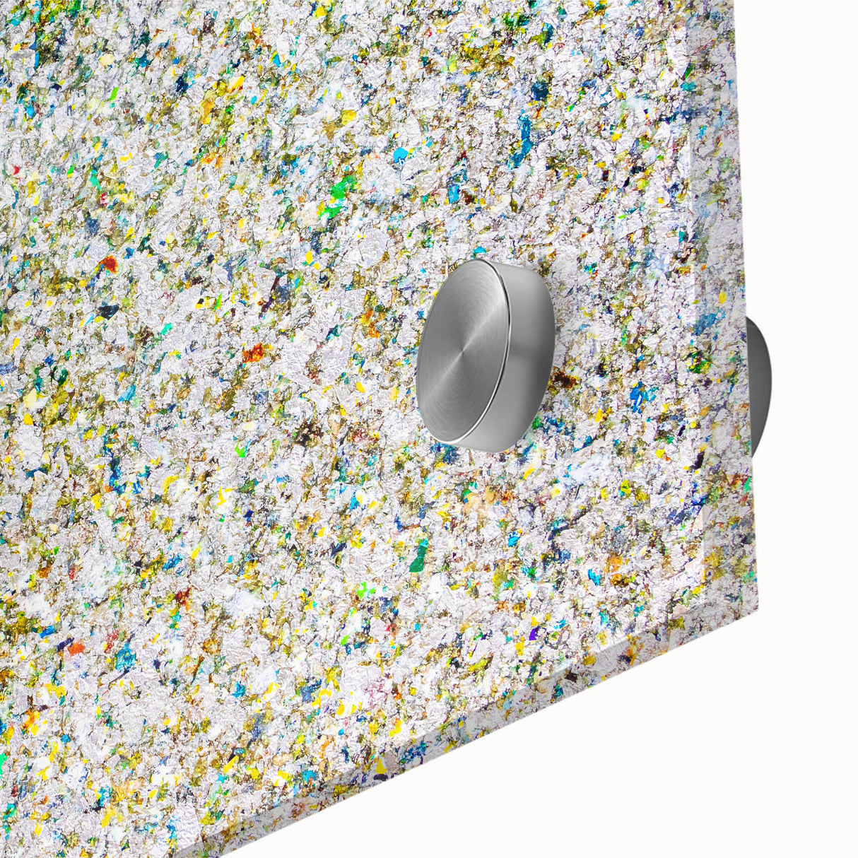Close-up of vibrant acrylic splatter artwork on glass, showcasing a dynamic blend of colors including blue, yellow, and red, perfect for modern decor or art enthusiasts.