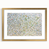Abstract splatter art frame with a gold mat, showcasing vibrant colors and dynamic shapes, ideal for modern decor and artistic home styling.